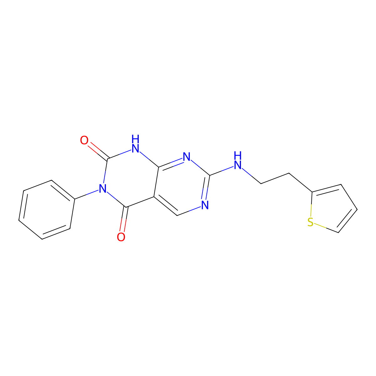 3-phenyl-7-{[2-(2-thienyl)ethyl]amino}pyrimido[4,5-d]pyrimidine-2,4(1H,3H)-dione molecular structure, CAS 1396857-06-9