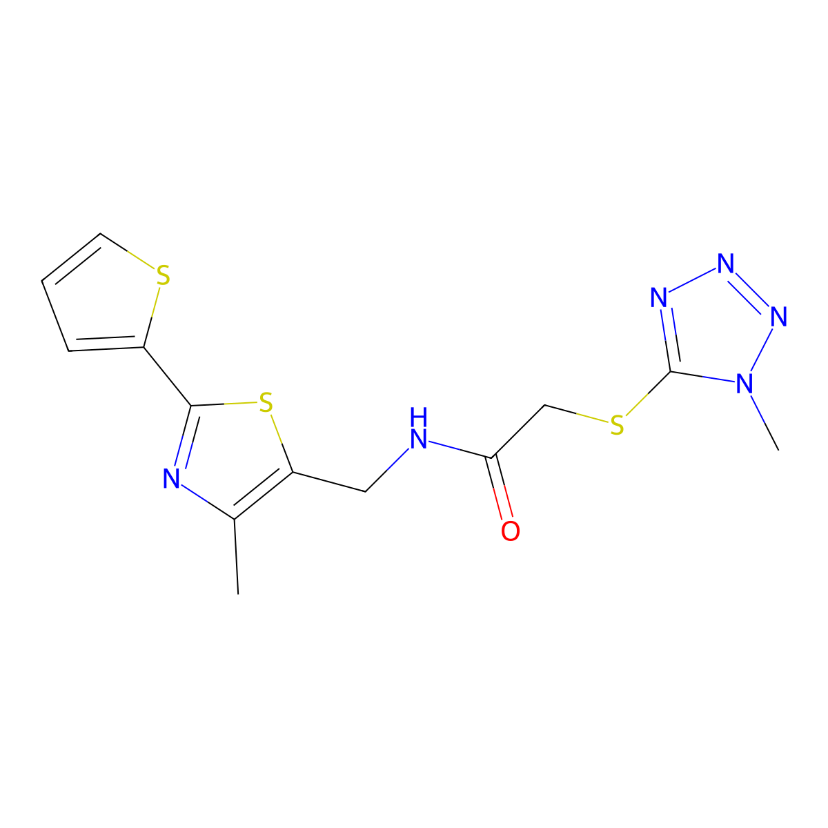 2-((1-methyl-1H-tetrazol-5-yl)thio)-N-((4-methyl-2-(thiophen-2-yl)thiazol-5-yl)methyl)acetamide molecular structure, CAS 1396857-10-5