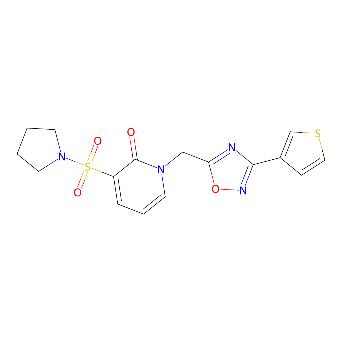 3-(pyrrolidin-1-ylsulfonyl)-1-((3-(thiophen-3-yl)-1,2,4-oxadiazol-5-yl)methyl)pyridin-2(1H)-one molecular structure, CAS 1396857-24-1