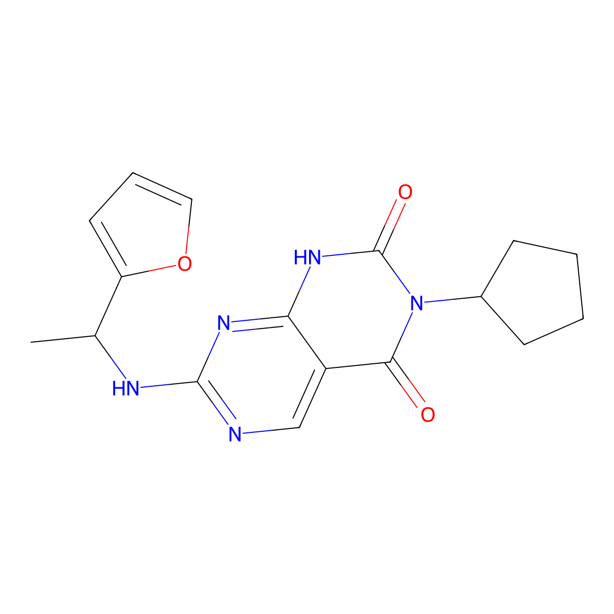 3-cyclopentyl-7-{[1-(2-furyl)ethyl]amino}pyrimido[4,5-d]pyrimidine-2,4(1H,3H)-dione molecular structure, CAS 1396857-35-4
