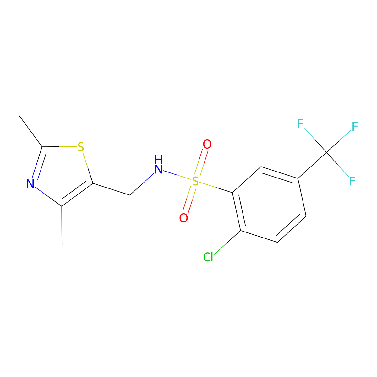 2-chloro-N-((2,4-dimethylthiazol-5-yl)methyl)-5-(trifluoromethyl)benzenesulfonamide molecular structure, CAS 1396857-37-6