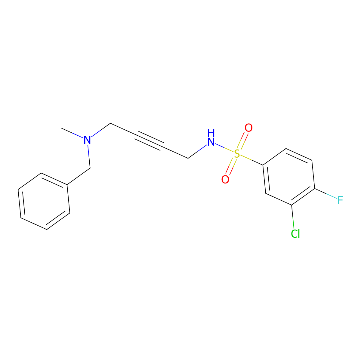 N-(4-(benzyl(methyl)amino)but-2-yn-1-yl)-3-chloro-4-fluorobenzenesulfonamide molecular structure, CAS 1396857-38-7