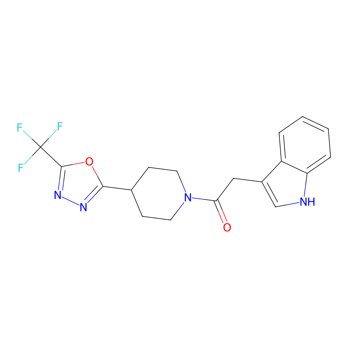 2-(1H-indol-3-yl)-1-(4-(5-(trifluoromethyl)-1,3,4-oxadiazol-2-yl)piperidin-1-yl)ethanone molecular structure, CAS 1396857-43-4