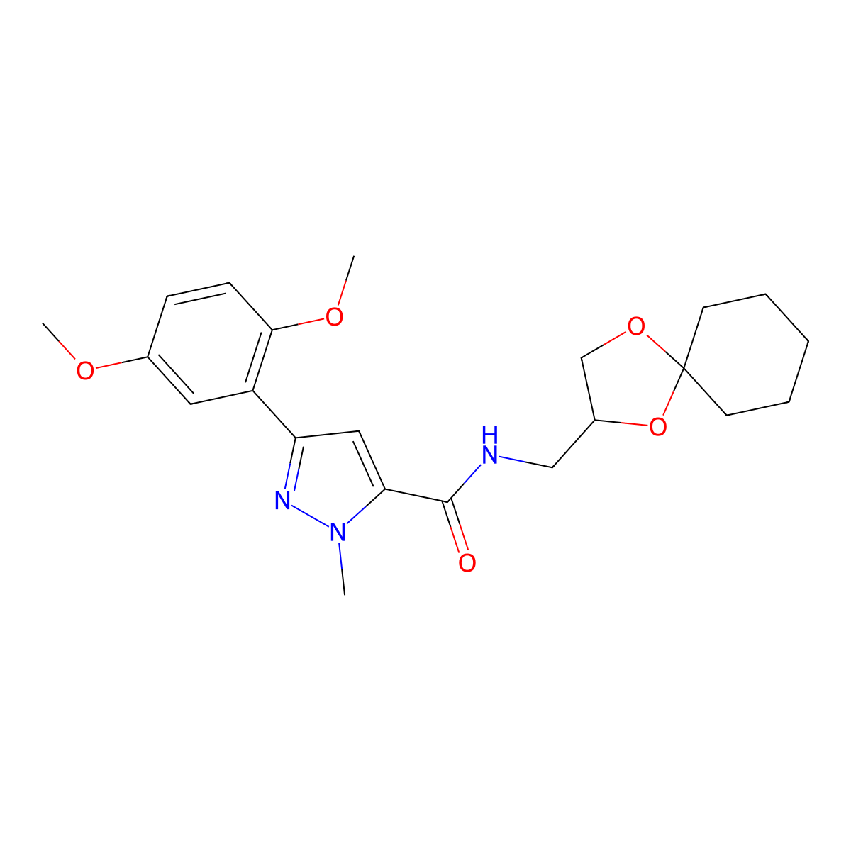 N-(1,4-dioxaspiro[4.5]decan-2-ylmethyl)-3-(2,5-dimethoxyphenyl)-1-methyl-1H-pyrazole-5-carboxamide molecular structure, CAS 1396857-48-9