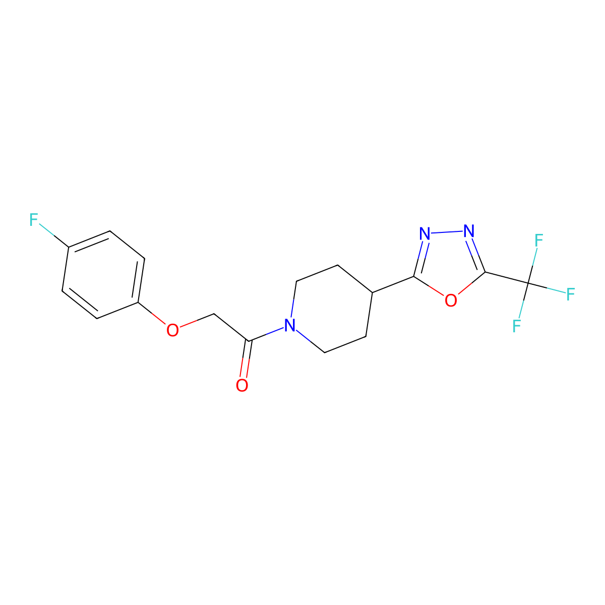 2-(4-Fluorophenoxy)-1-(4-(5-(trifluoromethyl)-1,3,4-oxadiazol-2-yl)piperidin-1-yl)ethanone molecular structure, CAS 1396857-49-0