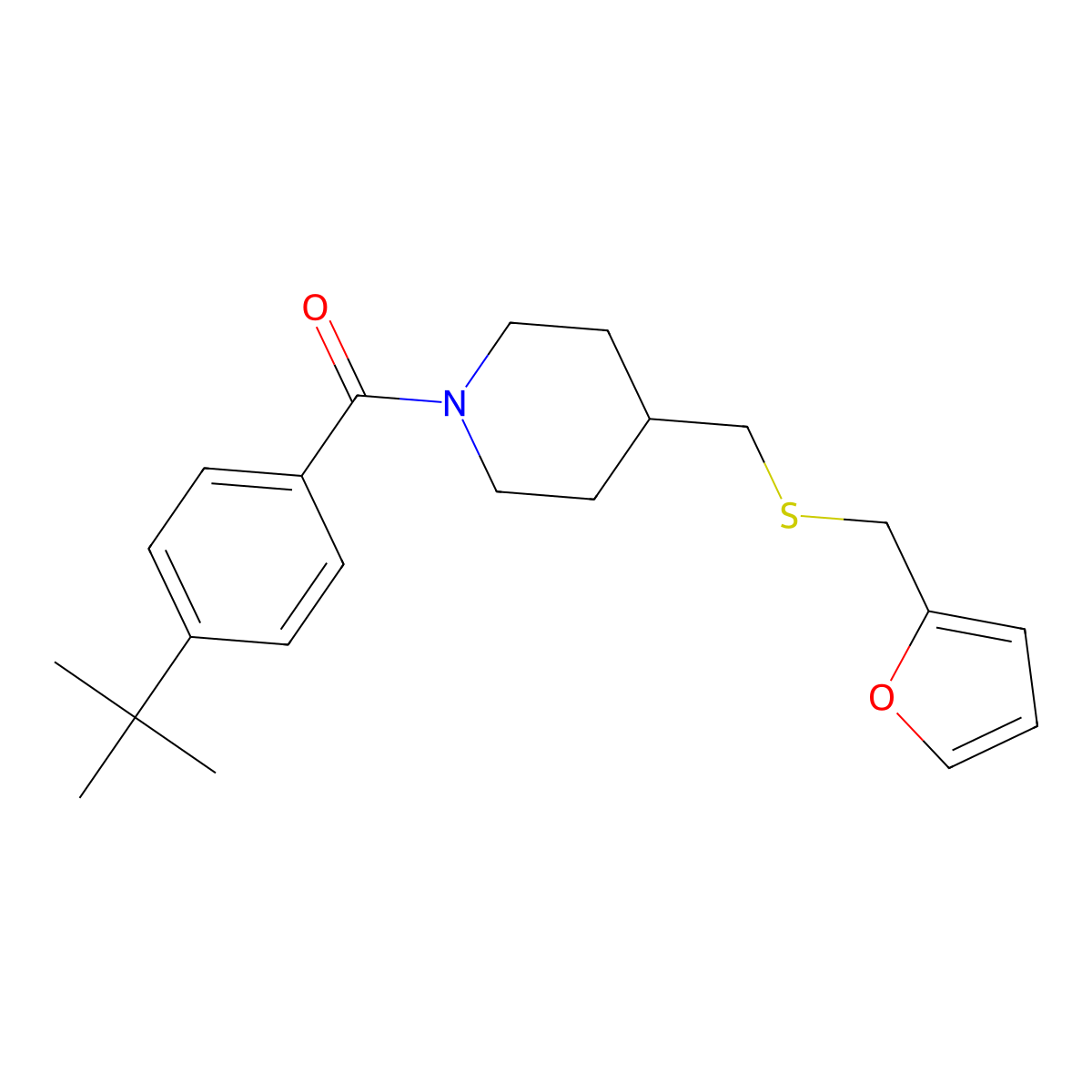 (4-(Tert-butyl)phenyl)(4-(((furan-2-ylmethyl)thio)methyl)piperidin-1-yl)methanone molecular structure, CAS 1396857-55-8
