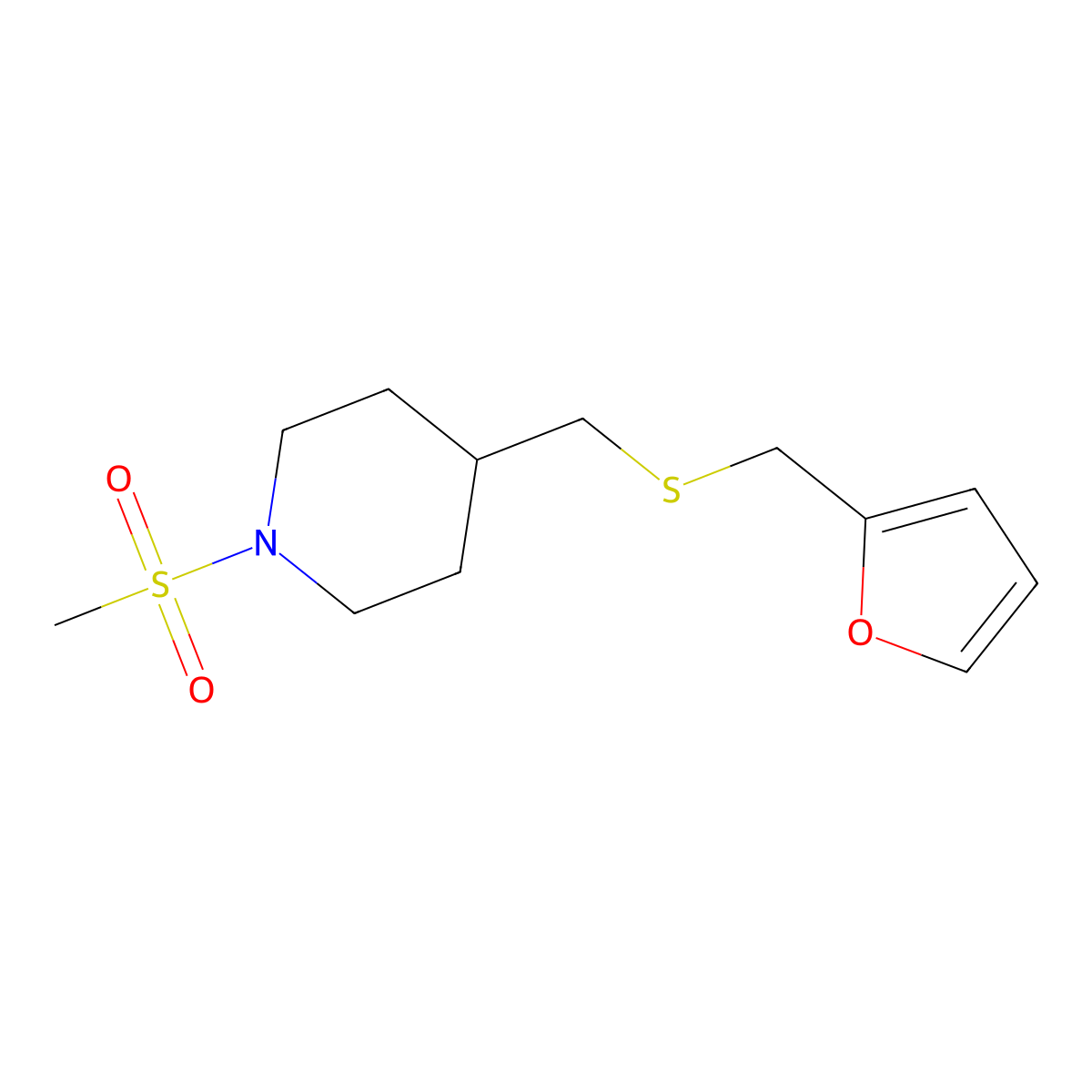 4-(((Furan-2-ylmethyl)thio)methyl)-1-(methylsulfonyl)piperidine molecular structure, CAS 1396857-70-7