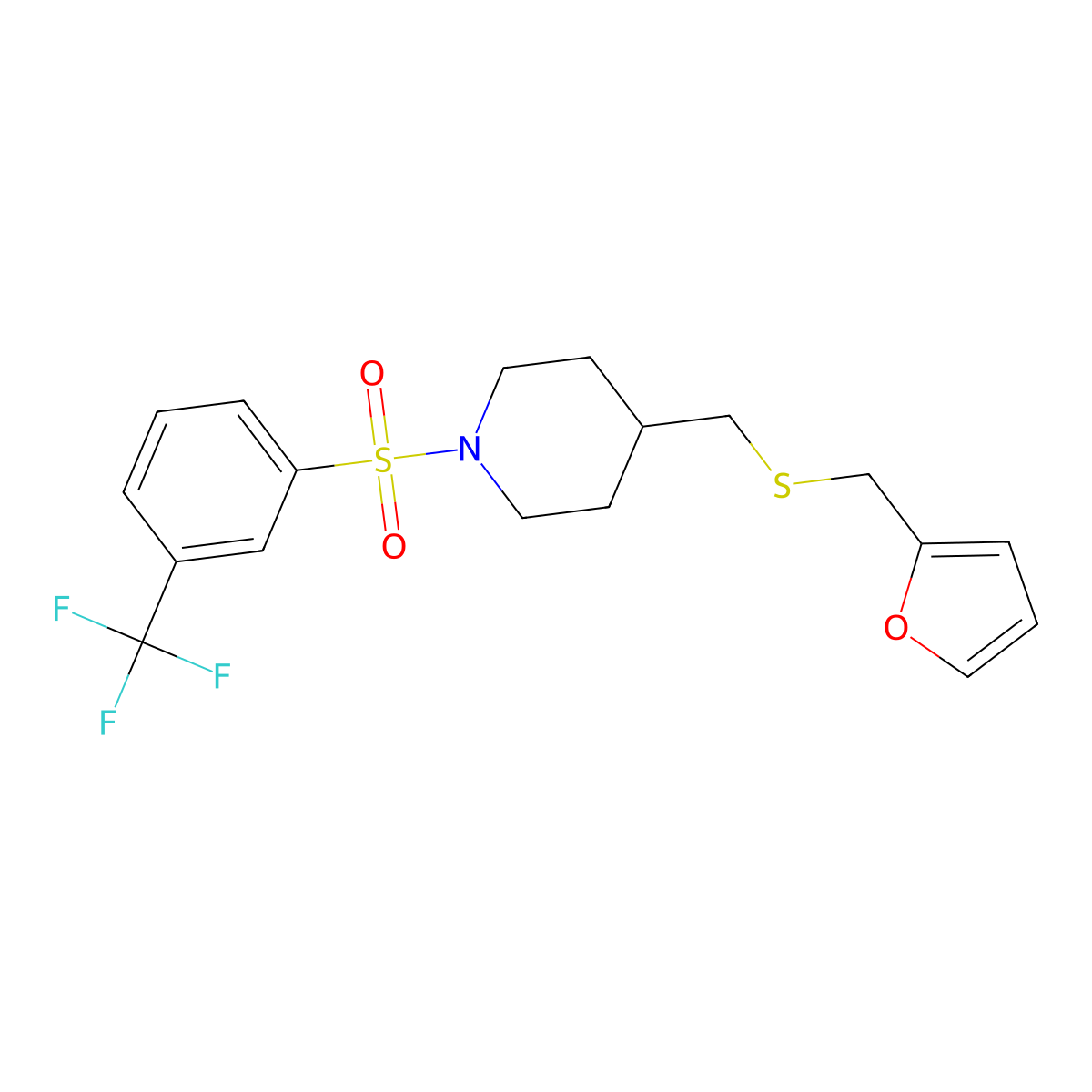 4-(((Furan-2-ylmethyl)thio)methyl)-1-((3-(trifluoromethyl)phenyl)sulfonyl)piperidine molecular structure, CAS 1396857-76-3