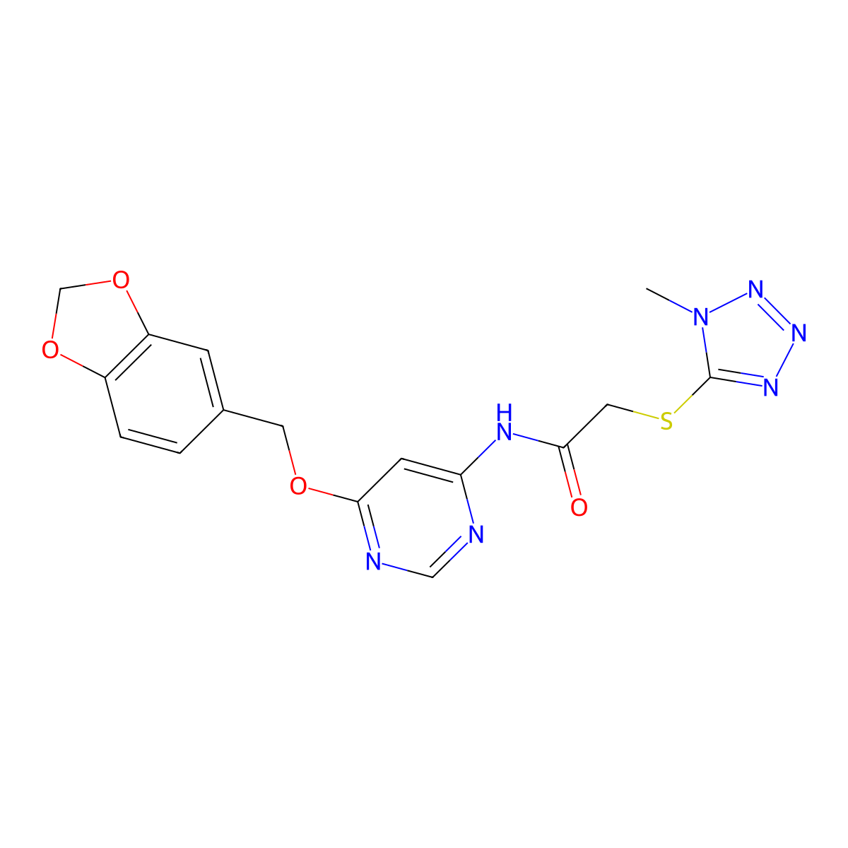 N-(6-(benzo[d][1,3]dioxol-5-ylmethoxy)pyrimidin-4-yl)-2-((1-methyl-1H-tetrazol-5-yl)thio)acetamide molecular structure, CAS 1396857-78-5
