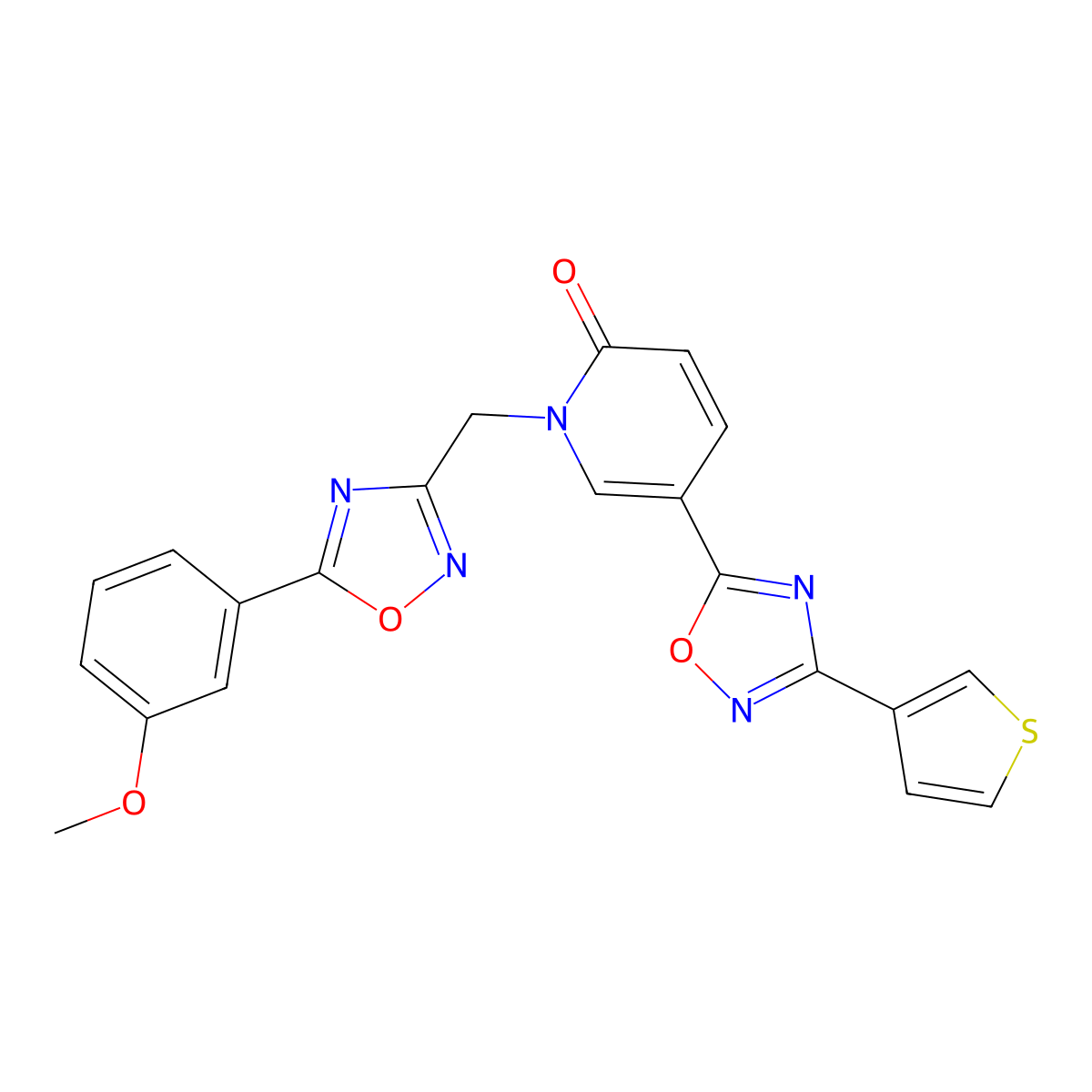 1-((5-(3-methoxyphenyl)-1,2,4-oxadiazol-3-yl)methyl)-5-(3-(thiophen-3-yl)-1,2,4-oxadiazol-5-yl)pyridin-2(1H)-one molecular structure, CAS 1396857-79-6