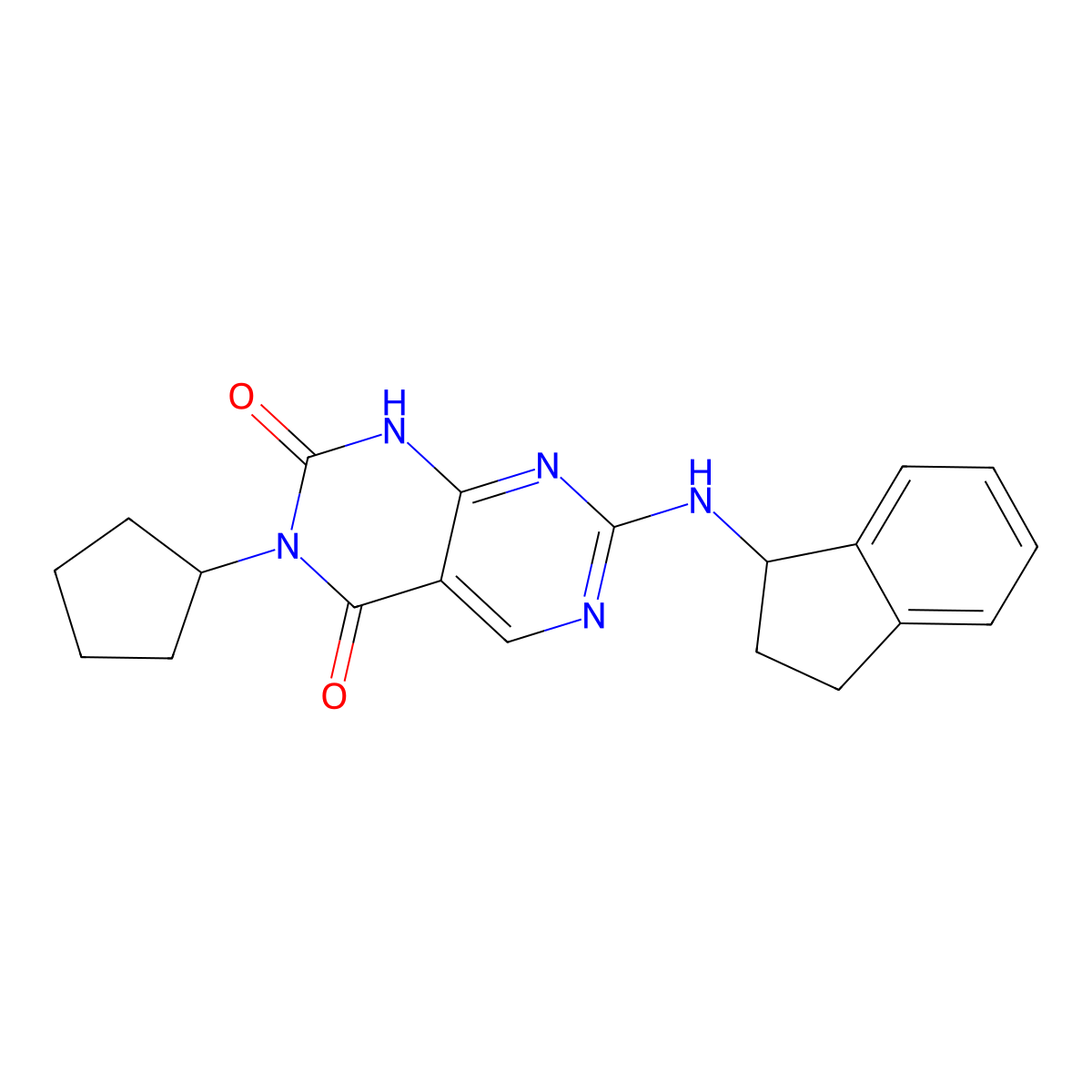 3-cyclopentyl-7-(2,3-dihydro-1H-inden-1-ylamino)pyrimido[4,5-d]pyrimidine-2,4(1H,3H)-dione molecular structure, CAS 1396857-81-0