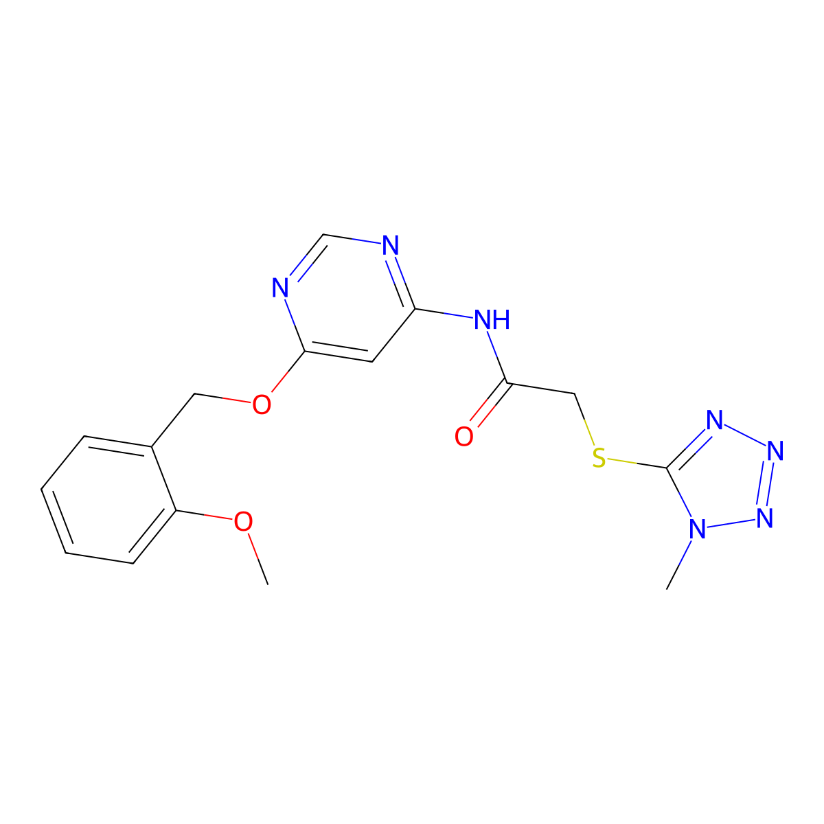 N-(6-((2-methoxybenzyl)oxy)pyrimidin-4-yl)-2-((1-methyl-1H-tetrazol-5-yl)thio)acetamide molecular structure, CAS 1396857-83-2