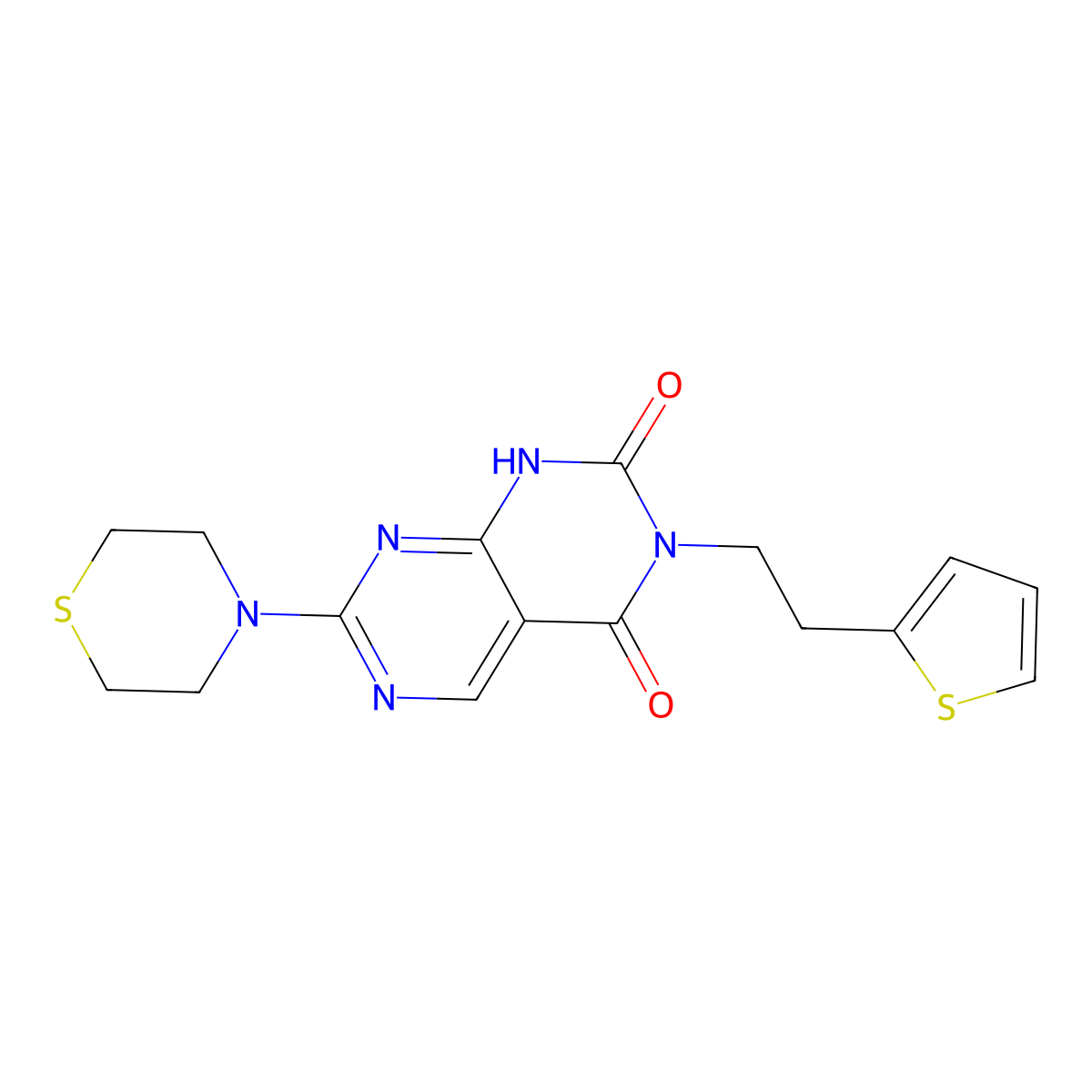 7-thiomorpholino-3-(2-(thiophen-2-yl)ethyl)pyrimido[4,5-d]pyrimidine-2,4(1H,3H)-dione molecular structure, CAS 1396857-87-6