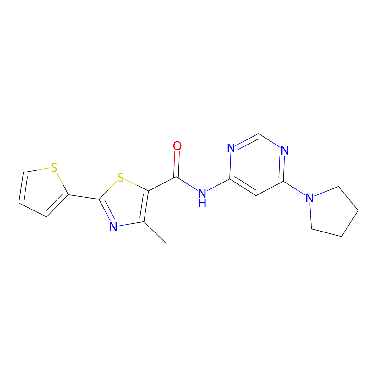 4-methyl-N-(6-(pyrrolidin-1-yl)pyrimidin-4-yl)-2-(thiophen-2-yl)thiazole-5-carboxamide molecular structure, CAS 1396857-97-8