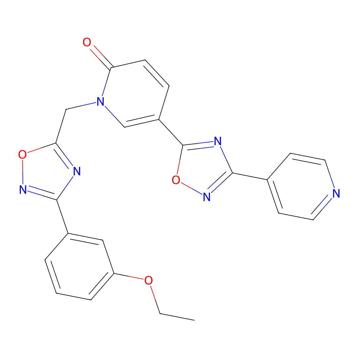 1-((3-(3-ethoxyphenyl)-1,2,4-oxadiazol-5-yl)methyl)-5-(3-(pyridin-4-yl)-1,2,4-oxadiazol-5-yl)pyridin-2(1H)-one molecular structure, CAS 1396857-98-9