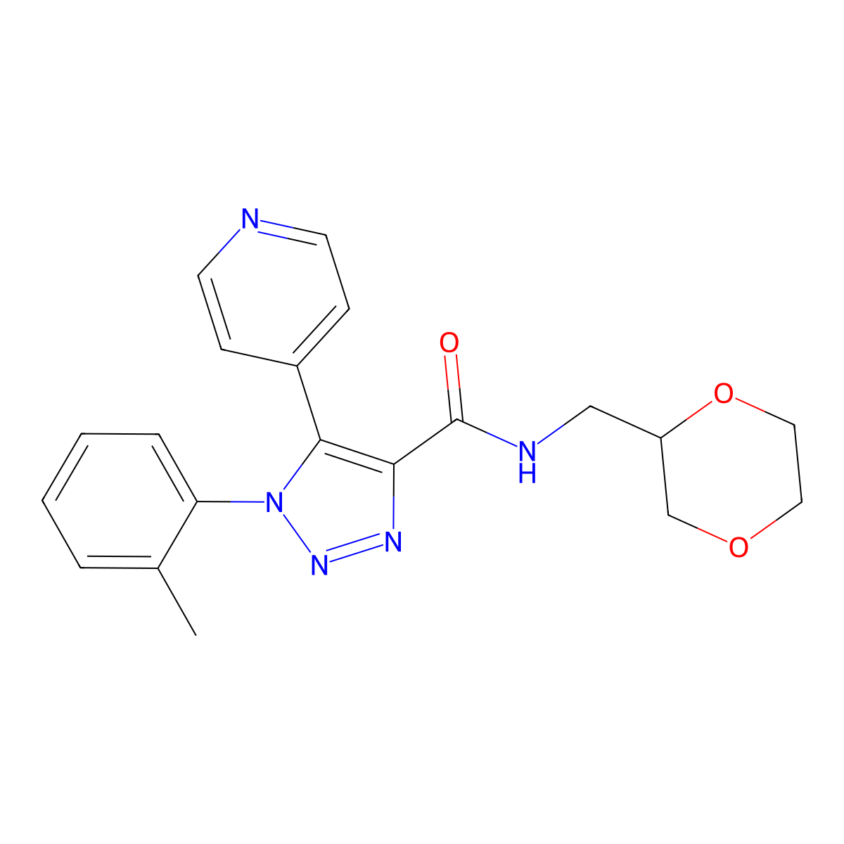 N-(1,4-dioxan-2-ylmethyl)-1-(2-methylphenyl)-5-pyridin-4-yl-1H-1,2,3-triazole-4-carboxamide molecular structure, CAS 1396858-07-3