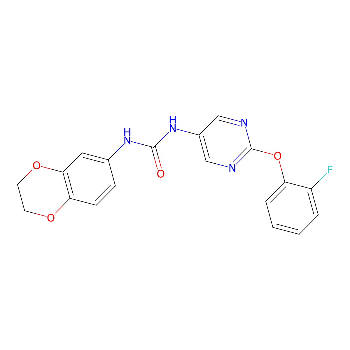 1-(2,3-Dihydrobenzo[b][1,4]dioxin-6-yl)-3-(2-(2-fluorophenoxy)pyrimidin-5-yl)urea molecular structure, CAS 1396858-38-0
