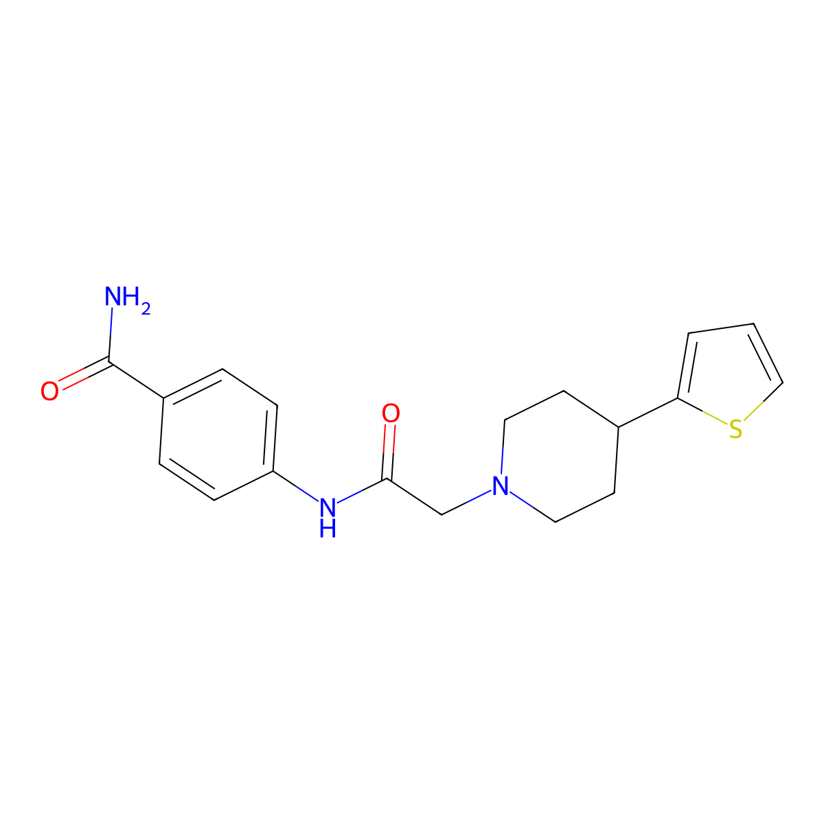 4-(2-(4-(Thiophen-2-yl)piperidin-1-yl)acetamido)benzamide molecular structure, CAS 1396858-46-0