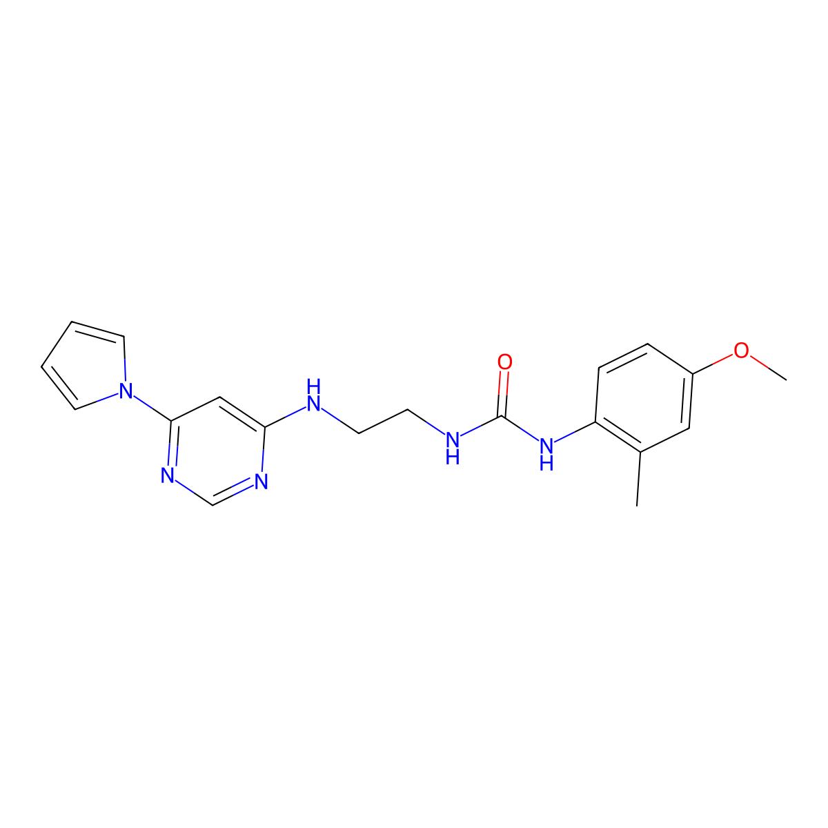 1-(4-methoxy-2-methylphenyl)-3-(2-{[6-(1H-pyrrol-1-yl)pyrimidin-4-yl]amino}ethyl)urea molecular structure, CAS 1396858-52-8