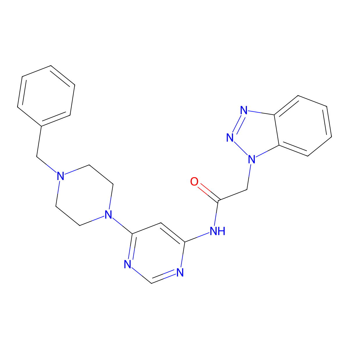 2-(1H-benzo[d][1,2,3]triazol-1-yl)-N-(6-(4-benzylpiperazin-1-yl)pyrimidin-4-yl)acetamide molecular structure, CAS 1396858-53-9