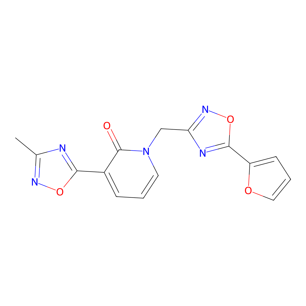 1-{[5-(2-furyl)-1,2,4-oxadiazol-3-yl]methyl}-3-(3-methyl-1,2,4-oxadiazol-5-yl)pyridin-2(1H)-one molecular structure, CAS 1396858-55-1