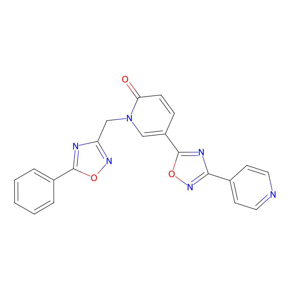 1-((5-phenyl-1,2,4-oxadiazol-3-yl)methyl)-5-(3-(pyridin-4-yl)-1,2,4-oxadiazol-5-yl)pyridin-2(1H)-one molecular structure, CAS 1396858-58-4