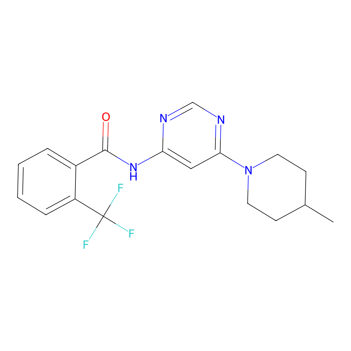 N-[6-(4-methylpiperidin-1-yl)pyrimidin-4-yl]-2-(trifluoromethyl)benzamide molecular structure, CAS 1396858-62-0