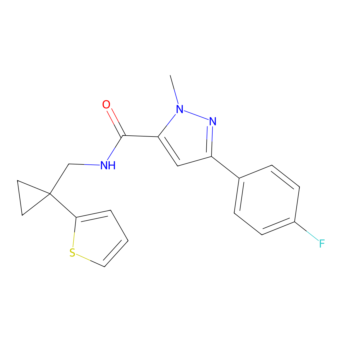 3-(4-fluorophenyl)-1-methyl-N-{[1-(thiophen-2-yl)cyclopropyl]methyl}-1H-pyrazole-5-carboxamide molecular structure, CAS 1396858-69-7