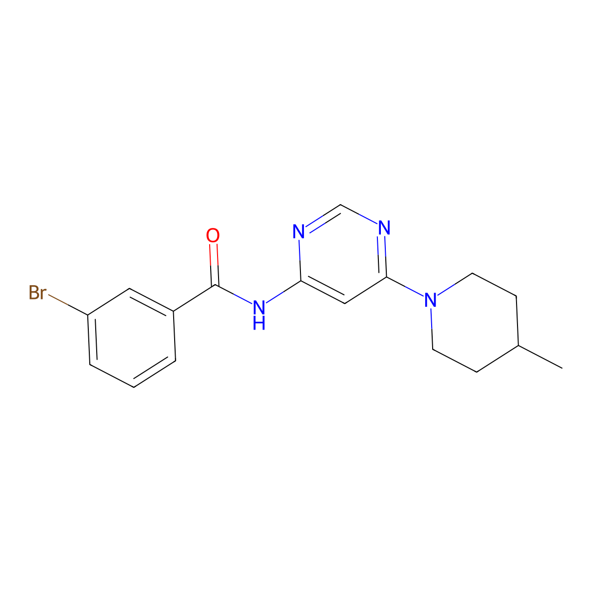 3-bromo-N-[6-(4-methylpiperidin-1-yl)pyrimidin-4-yl]benzamide molecular structure, CAS 1396858-73-3