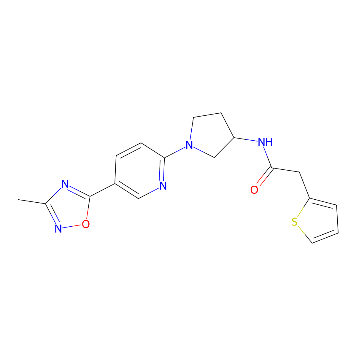 N-(1-(5-(3-methyl-1,2,4-oxadiazol-5-yl)pyridin-2-yl)pyrrolidin-3-yl)-2-(thiophen-2-yl)acetamide molecular structure, CAS 1396858-75-5