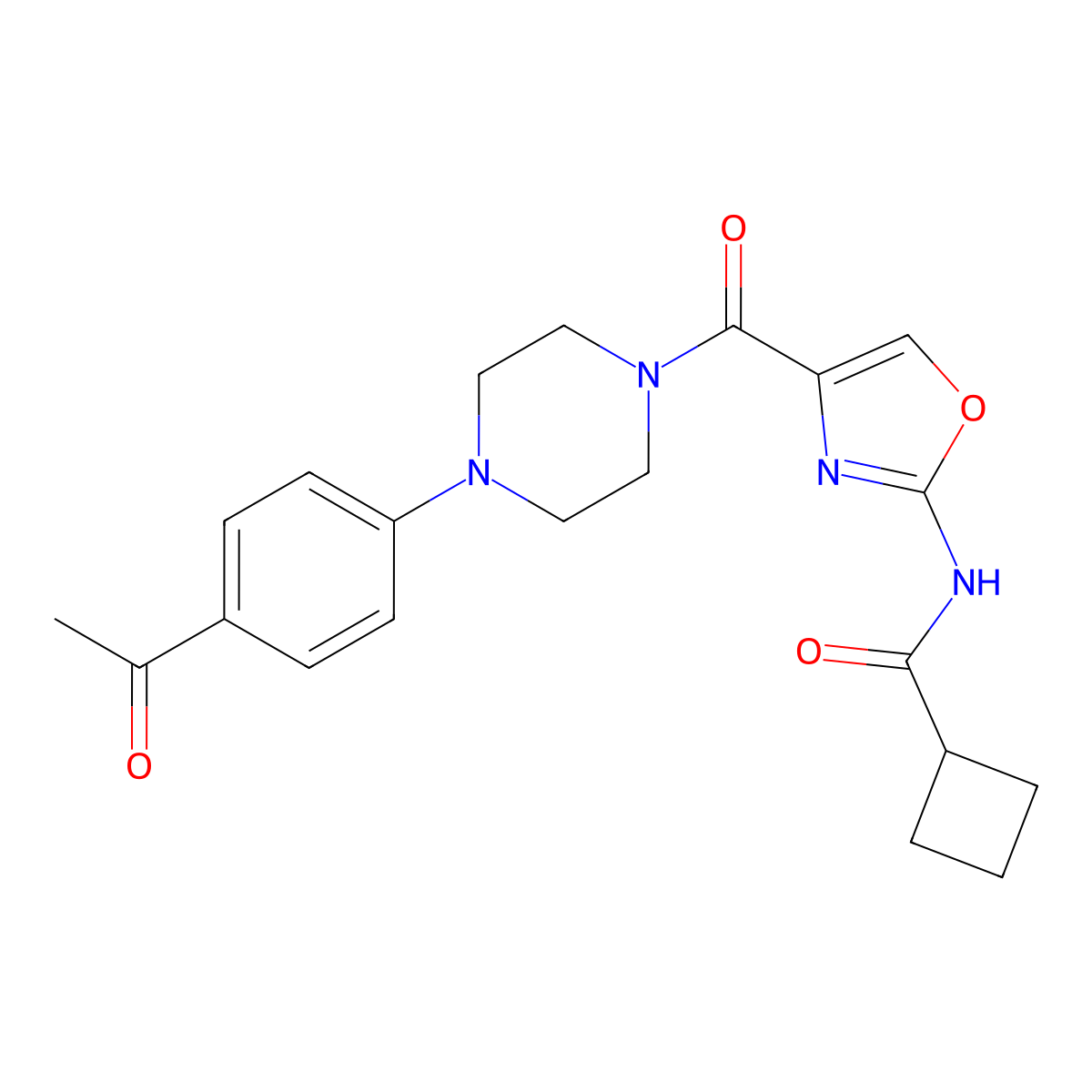 N-(4-(4-(4-acetylphenyl)piperazine-1-carbonyl)oxazol-2-yl)cyclobutanecarboxamide molecular structure, CAS 1396858-84-6