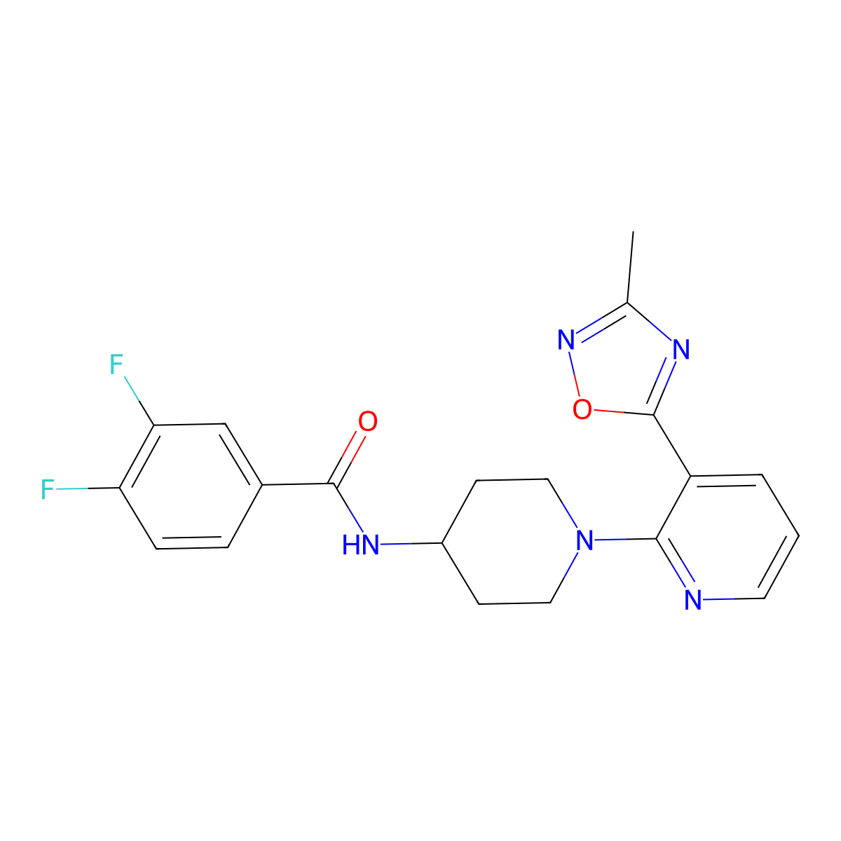 3,4-difluoro-N-(1-(3-(3-methyl-1,2,4-oxadiazol-5-yl)pyridin-2-yl)piperidin-4-yl)benzamide molecular structure, CAS 1396858-85-7