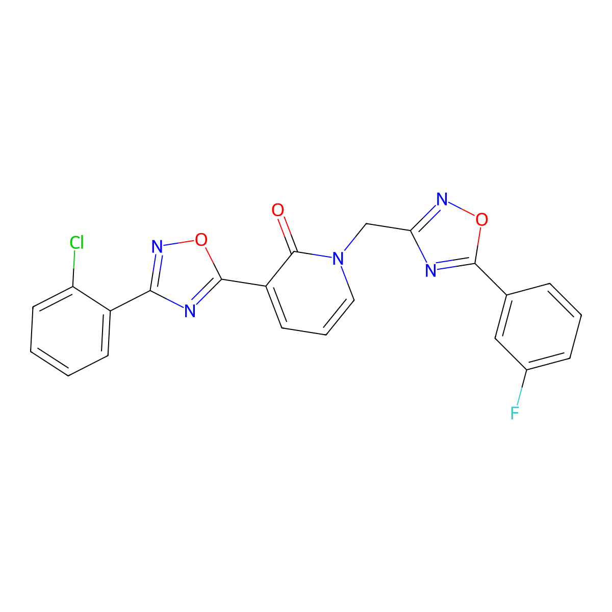 3-(3-(2-chlorophenyl)-1,2,4-oxadiazol-5-yl)-1-((5-(3-fluorophenyl)-1,2,4-oxadiazol-3-yl)methyl)pyridin-2(1H)-one molecular structure, CAS 1396858-90-4