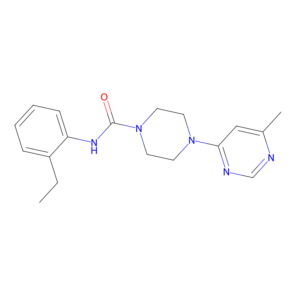 N-(2-ethylphenyl)-4-(6-methylpyrimidin-4-yl)piperazine-1-carboxamide molecular structure, CAS 1396858-92-6