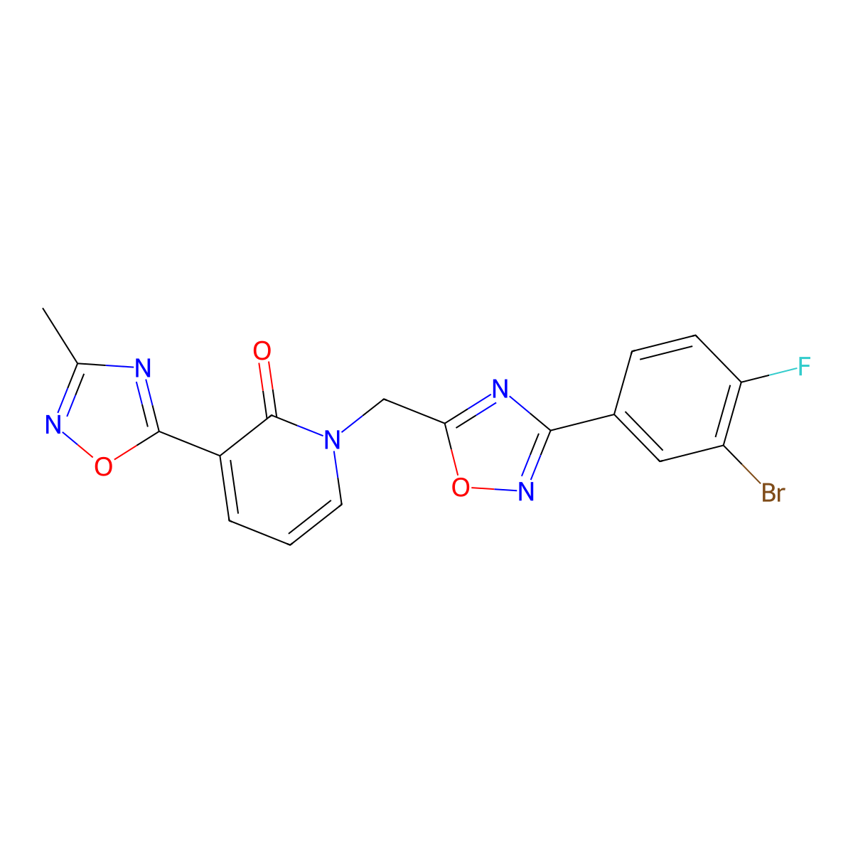 1-((3-(3-bromo-4-fluorophenyl)-1,2,4-oxadiazol-5-yl)methyl)-3-(3-methyl-1,2,4-oxadiazol-5-yl)pyridin-2(1H)-one molecular structure, CAS 1396859-06-5