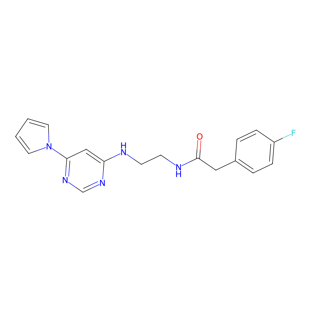 N-(2-((6-(1H-pyrrol-1-yl)pyrimidin-4-yl)amino)ethyl)-2-(4-fluorophenyl)acetamide molecular structure, CAS 1396859-07-6