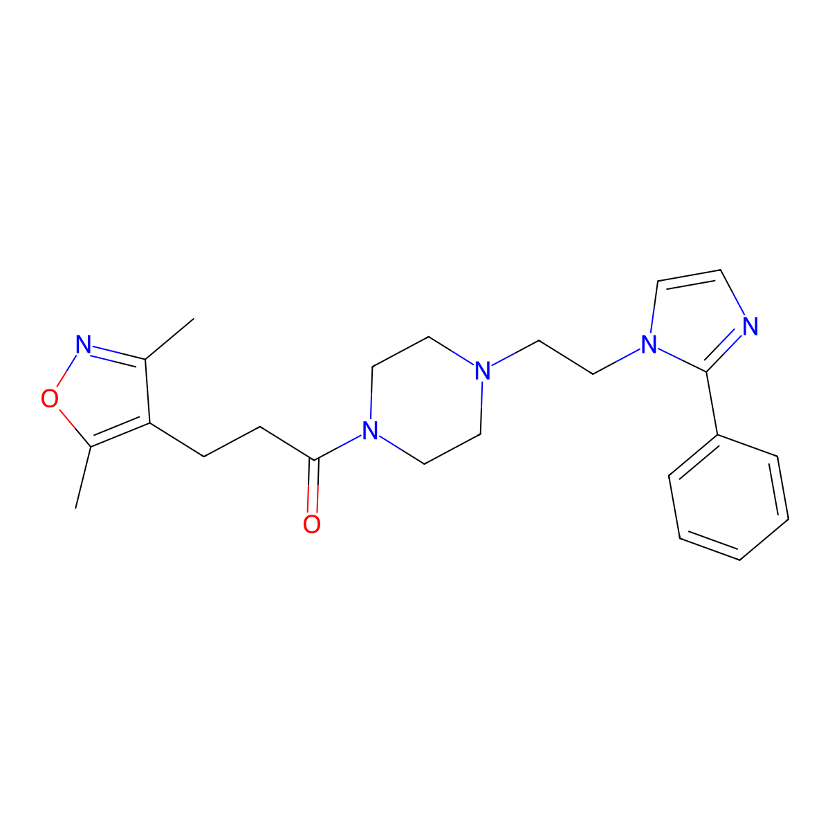 3-(3,5-dimethylisoxazol-4-yl)-1-(4-(2-(2-phenyl-1H-imidazol-1-yl)ethyl)piperazin-1-yl)propan-1-one molecular structure, CAS 1396859-14-5