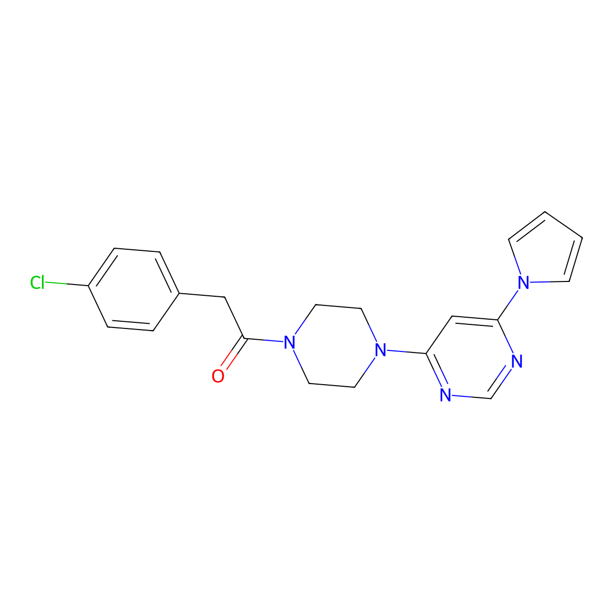 1-(4-(6-(1H-pyrrol-1-yl)pyrimidin-4-yl)piperazin-1-yl)-2-(4-chlorophenyl)ethanone molecular structure, CAS 1396859-15-6