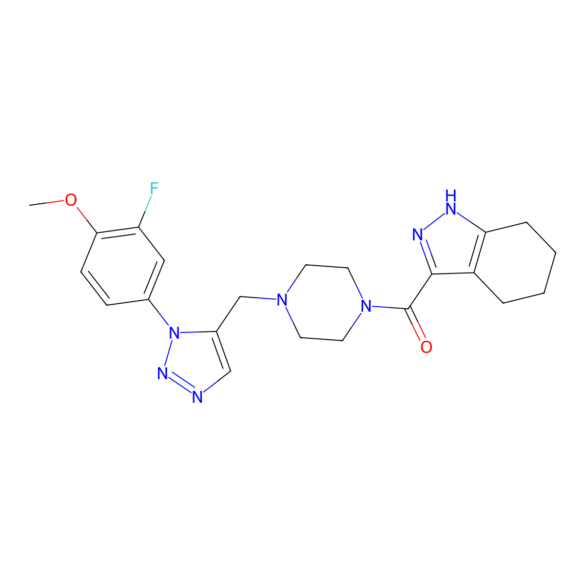 3-[(4-{[1-(3-fluoro-4-methoxyphenyl)-1H-1,2,3-triazol-5-yl]methyl}piperazin-1-yl)carbonyl]-4,5,6,7-tetrahydro-1H-indazole molecular structure, CAS 1396859-18-9