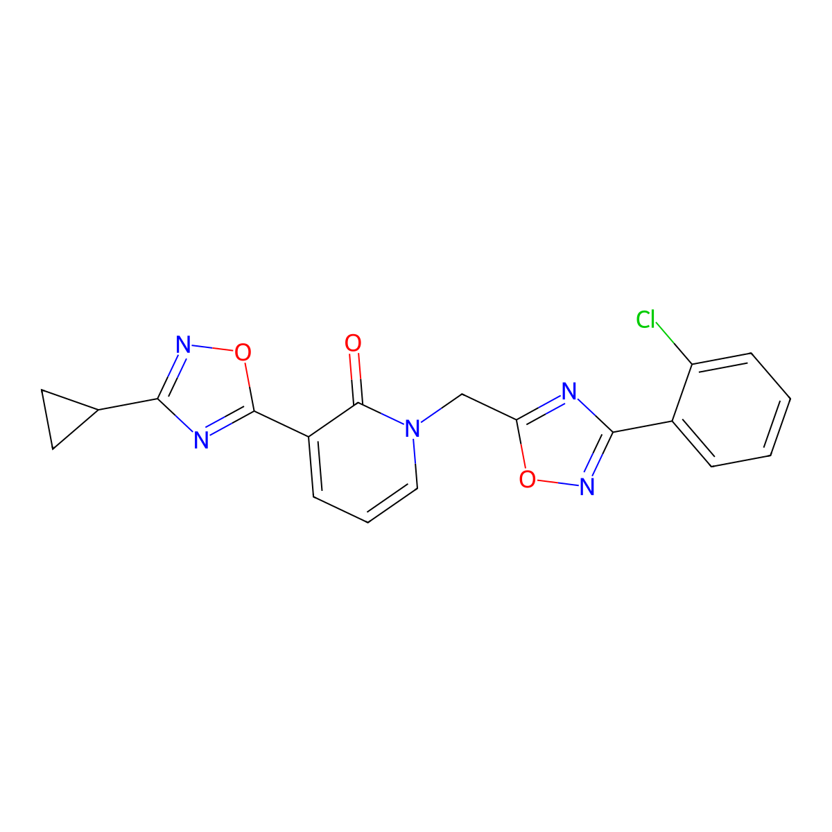 1-((3-(2-chlorophenyl)-1,2,4-oxadiazol-5-yl)methyl)-3-(3-cyclopropyl-1,2,4-oxadiazol-5-yl)pyridin-2(1H)-one molecular structure, CAS 1396859-21-4