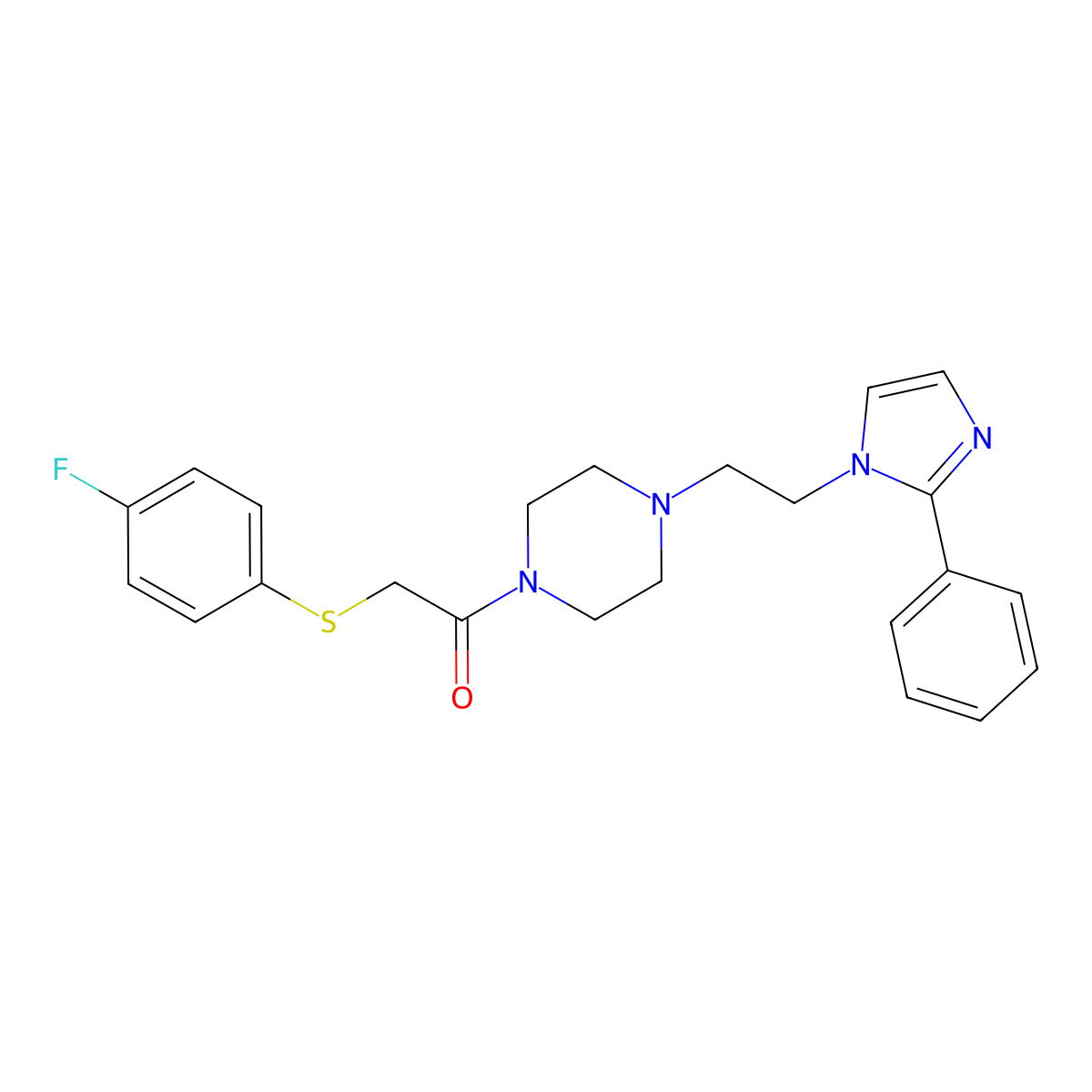 2-((4-fluorophenyl)thio)-1-(4-(2-(2-phenyl-1H-imidazol-1-yl)ethyl)piperazin-1-yl)ethanone molecular structure, CAS 1396859-25-8