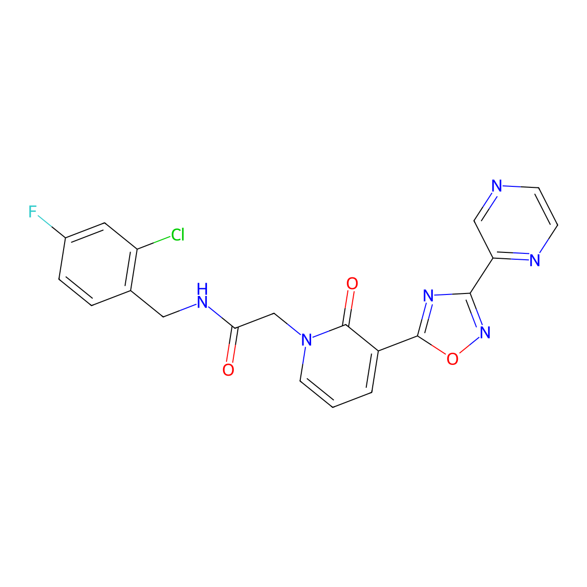 N-(2-chloro-4-fluorobenzyl)-2-(2-oxo-3-(3-(pyrazin-2-yl)-1,2,4-oxadiazol-5-yl)pyridin-1(2H)-yl)acetamide molecular structure, CAS 1396859-28-1