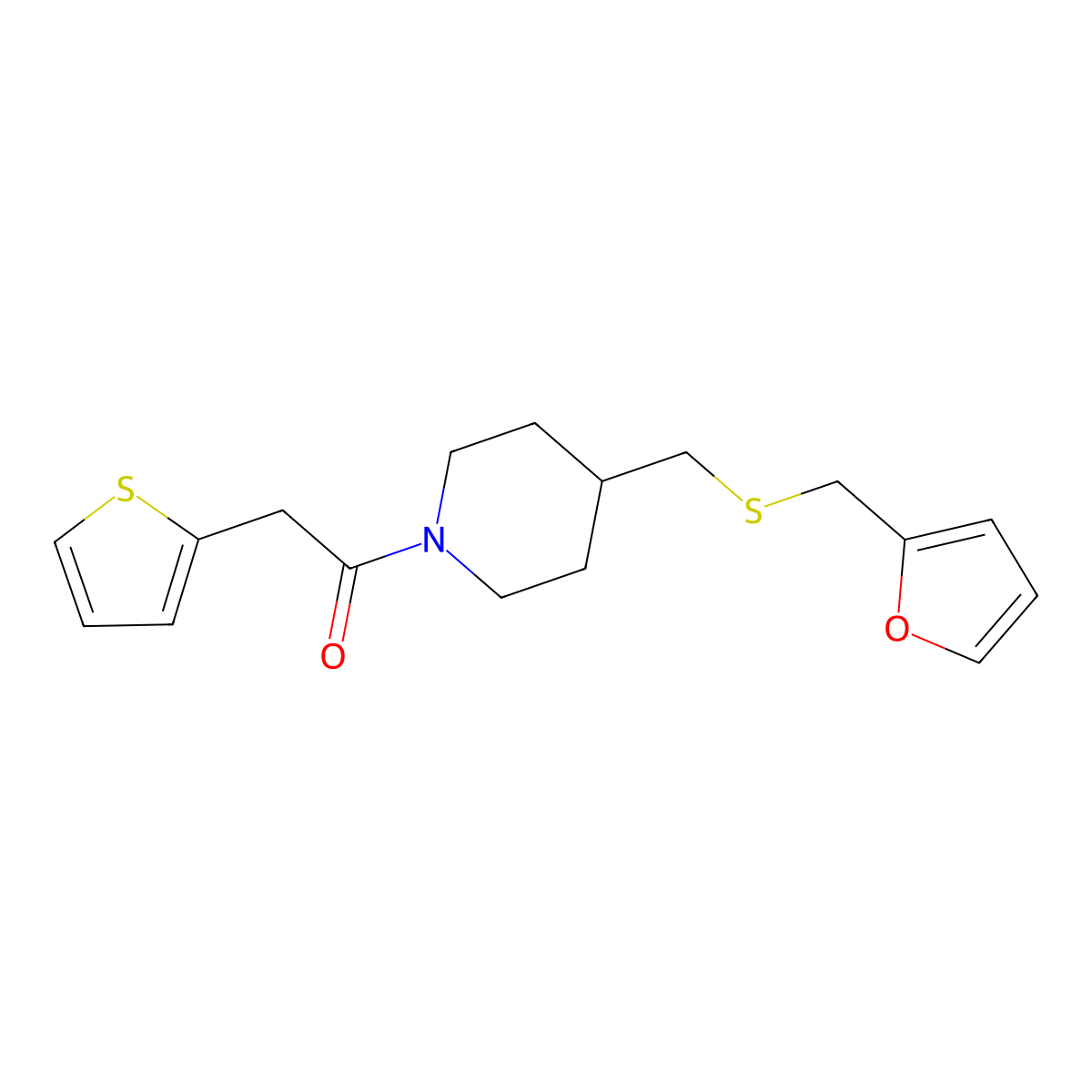 1-(4-(((Furan-2-ylmethyl)thio)methyl)piperidin-1-yl)-2-(thiophen-2-yl)ethanone molecular structure, CAS 1396859-29-2