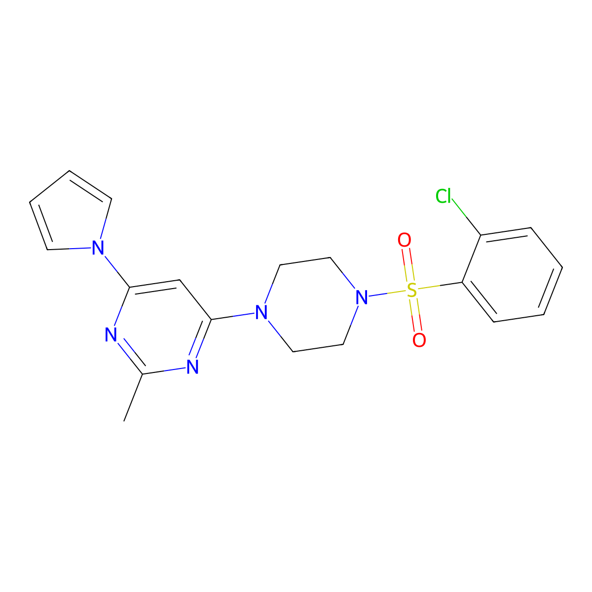 4-(4-((2-chlorophenyl)sulfonyl)piperazin-1-yl)-2-methyl-6-(1H-pyrrol-1-yl)pyrimidine molecular structure, CAS 1396859-32-7
