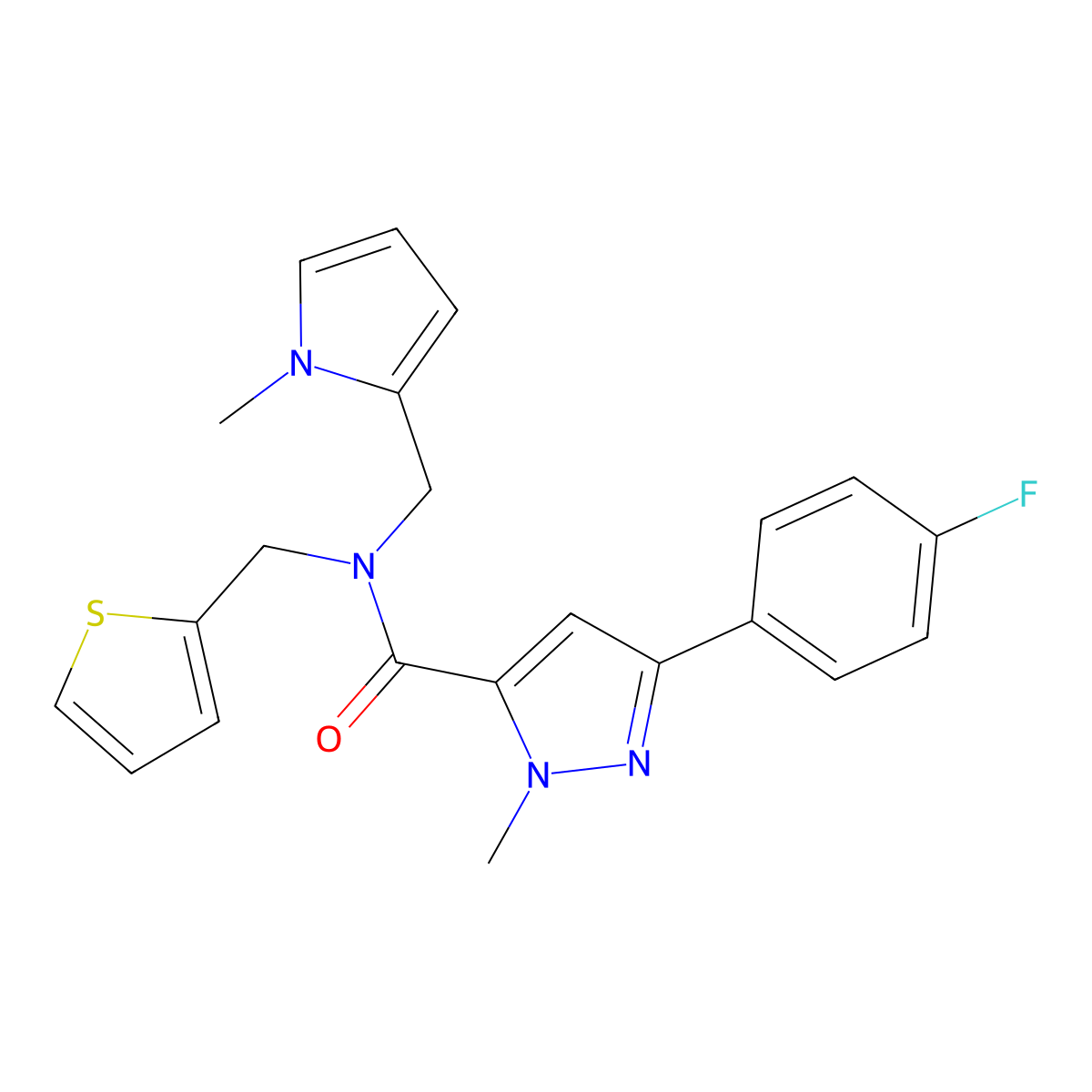3-(4-fluorophenyl)-1-methyl-N-((1-methyl-1H-pyrrol-2-yl)methyl)-N-(thiophen-2-ylmethyl)-1H-pyrazole-5-carboxamide molecular structure, CAS 1396859-36-1