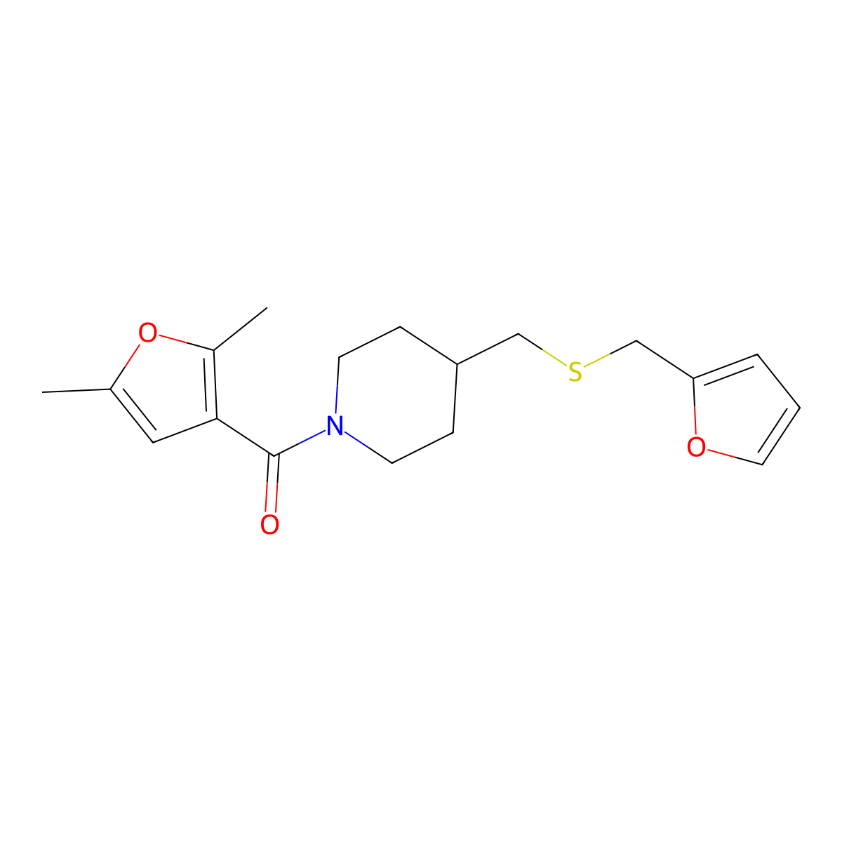 (2,5-Dimethylfuran-3-yl)(4-(((furan-2-ylmethyl)thio)methyl)piperidin-1-yl)methanone molecular structure, CAS 1396859-37-2