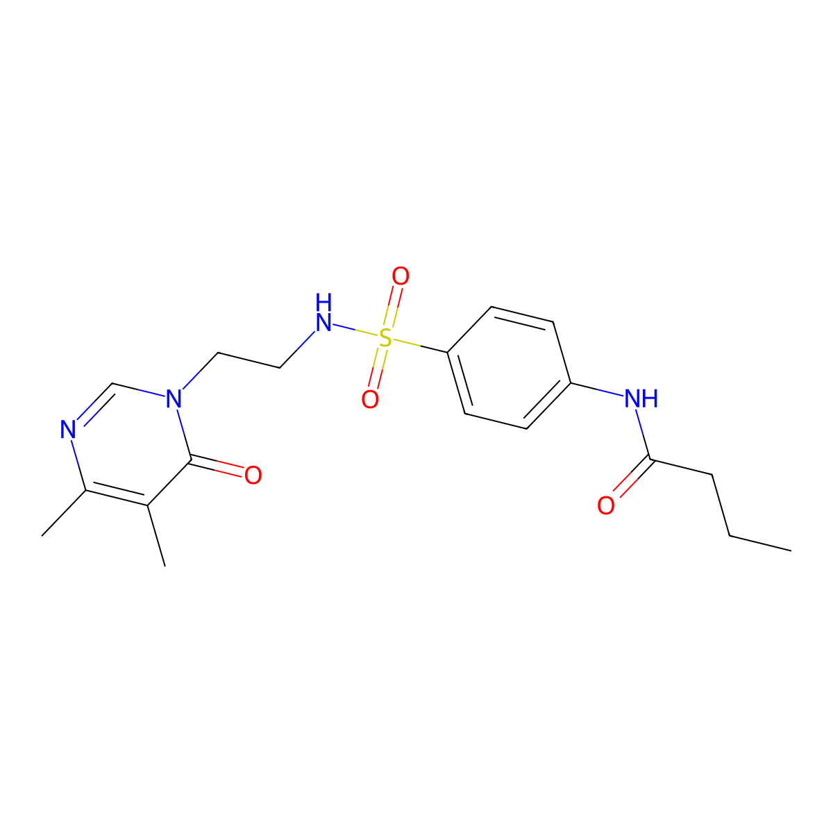 N-(4-(N-(2-(4,5-dimethyl-6-oxopyrimidin-1(6H)-yl)ethyl)sulfamoyl)phenyl)butyramide molecular structure, CAS 1396859-38-3