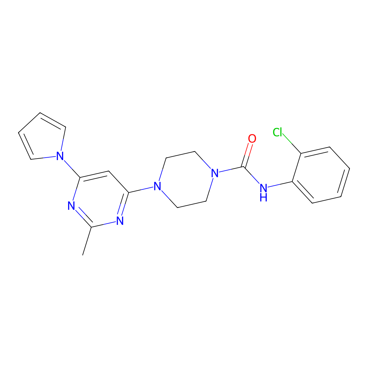 N-(2-chlorophenyl)-4-(2-methyl-6-(1H-pyrrol-1-yl)pyrimidin-4-yl)piperazine-1-carboxamide molecular structure, CAS 1396859-44-1