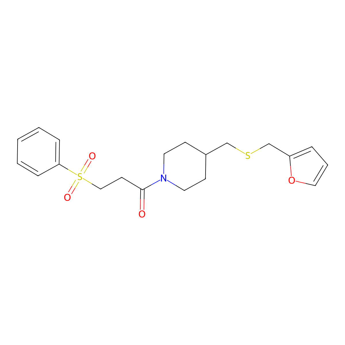 1-(4-(((Furan-2-ylmethyl)thio)methyl)piperidin-1-yl)-3-(phenylsulfonyl)propan-1-one molecular structure, CAS 1396859-46-3