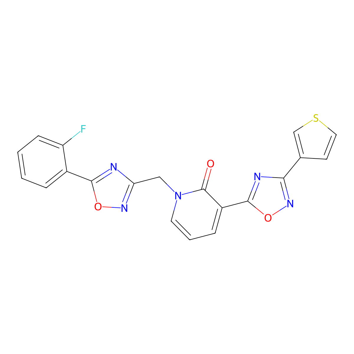 1-((5-(2-fluorophenyl)-1,2,4-oxadiazol-3-yl)methyl)-3-(3-(thiophen-3-yl)-1,2,4-oxadiazol-5-yl)pyridin-2(1H)-one molecular structure, CAS 1396859-49-6